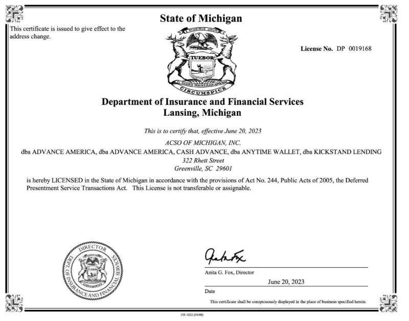 Michigan Payday Loans Advance America